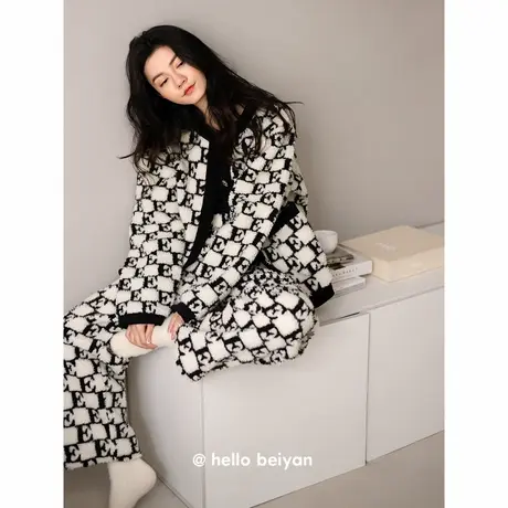 贝妍高级感睡衣女冬季加厚珊瑚绒小香风女保暖家居服开衫宽松套装商品大图