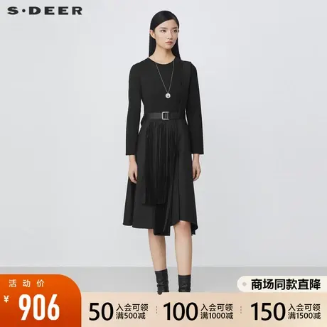 sdeer圣迪奥2021冬装新品休闲圆领收腰抽褶不规则连衣裙S21481225图片