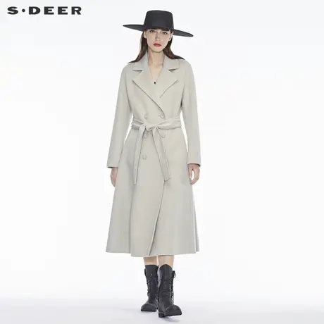 sdeer圣迪奥冬装优雅大方双排扣腰带平驳领毛呢大衣女S18481856图片