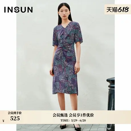 【会员专享】INSUN恩裳夏季复古印花茶歇弹力桑蚕丝连衣裙图片