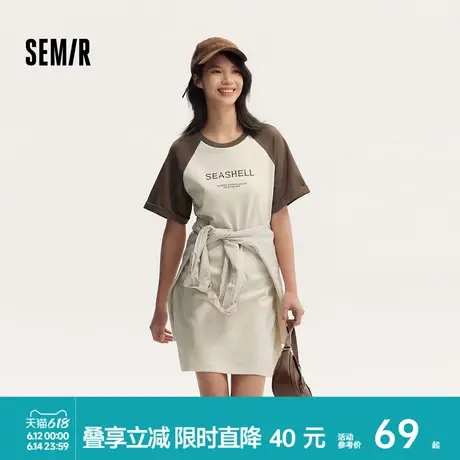 森马连衣裙女字母印花宽松T恤裙休闲夏季圆领撞色插肩袖短裙复古图片