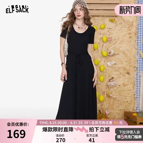 妖精的口袋气质小黑裙纯欲风收腰显瘦短袖连衣裙女2025年夏季新款图片