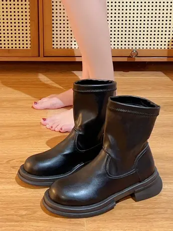 洋气瘦瘦靴女短靴黑色2023秋冬季圆头靴子厚底马丁靴粗跟弹力单靴商品大图