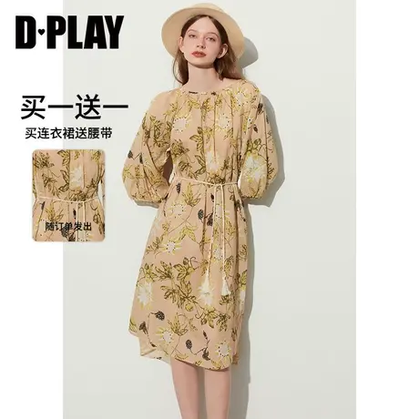 DPLAY秋法式慵懒度假风黄调剪影宽松棉麻质感印花连衣裙图片