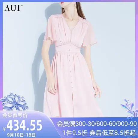 AUI粉色洋气减龄雪纺连衣裙女夏2023新款名媛气质V领荷叶边a字裙图片
