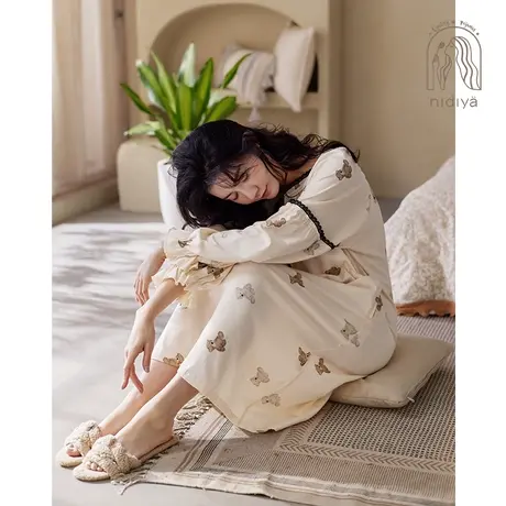 妮狄娅2023睡衣睡裙女春秋纯棉长袖方领套头卡通甜美家居服中长裙图片