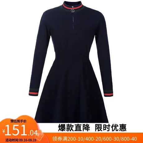 【艾格】2023春季新款条纹连衣裙女拉链收腰修身内外两穿针织裙图片