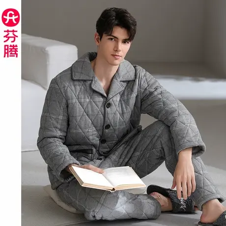 芬腾睡衣男冬季珊瑚绒夹棉套装三层加厚加绒保暖棉袄加大码家居服图片
