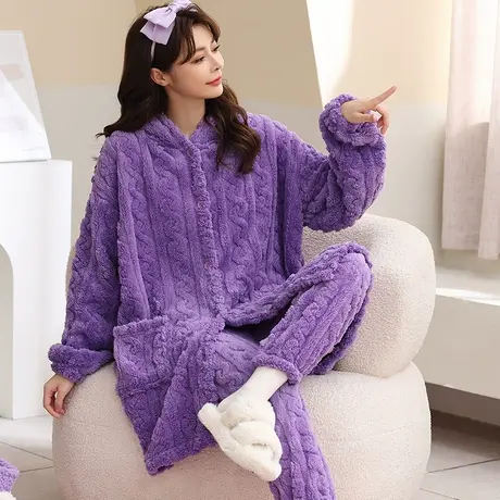 珊瑚绒睡衣女2023新款冬季加绒加厚女士睡袍长款套装法兰绒秋冬款商品大图