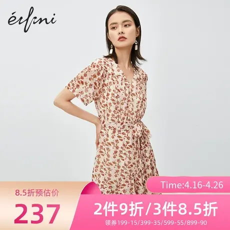 伊芙丽夏季新款优雅碎花不规则下摆中长款雪纺连衣裙1B5991001图片