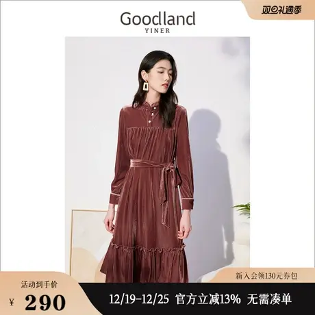 *Goodland美地女装秋季长袖木耳边公主裙收腰连衣裙图片