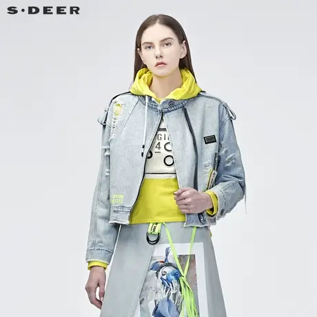 sdeer圣迪奥女装字母印胶飘带装饰破洞牛仔卫衣两件套S19182208商品大图