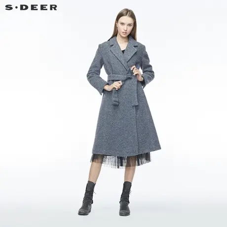 sdeer圣迪奥冬季平驳领插袋开衩串珠绣花收腰毛呢大衣女S19481842图片