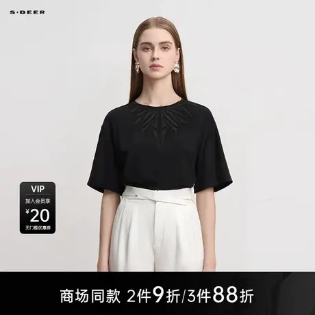 【商场同款】sdeer圣迪奥女时尚圆领不规则网纱短袖T恤S25280133商品大图