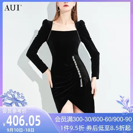 AUI黑色小香风丝绒连衣裙女2023秋冬新款名媛气质修身包臀小黑裙图片