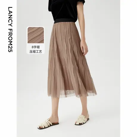 朗姿设计感小众双层网纱半身裙女春秋季新款法式高腰A字裙百褶裙图片