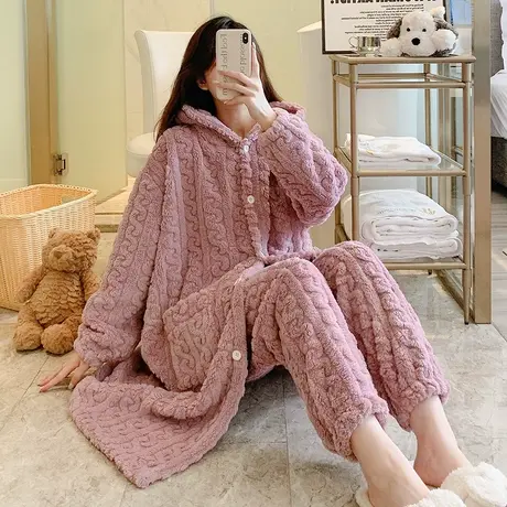 睡袍女冬季套装长款2023新款珊瑚绒加绒加厚女士睡衣秋冬款法兰绒商品大图
