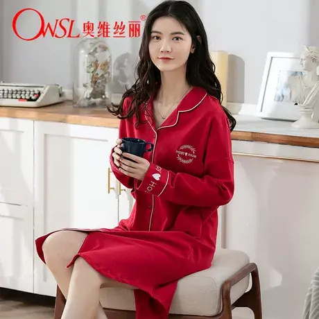 棉质睡裙少女长裙长袖宽松印花春夏女士可外穿秋冬家居服图片