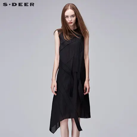 sdeer圣迪奥2018夏装黑色长裙解构时尚贴布斜摆连衣裙女S17281279图片