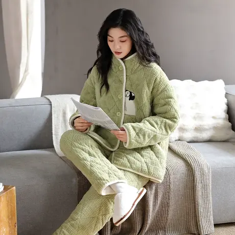 婷美三层夹棉袄睡衣女士冬季加绒加厚保暖珊瑚绒秋冬款家居服套装图片