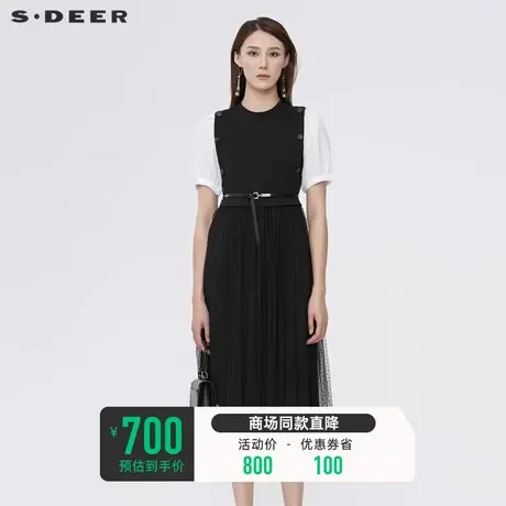 sdeer圣迪奥连衣裙女夏装撞色拼接黑色网纱收腰百褶裙S22281232图片
