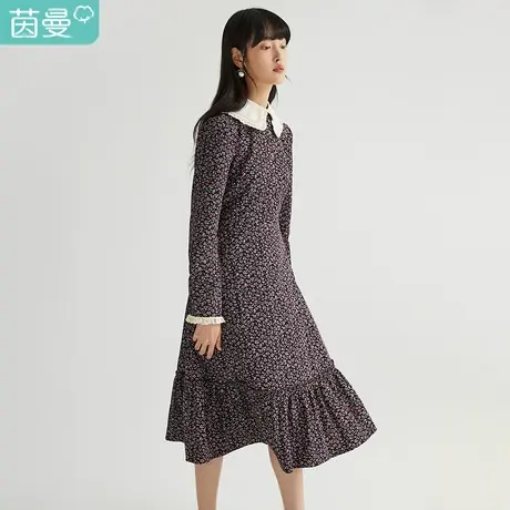 【商场同款】茵曼2021秋季新款女撞色娃娃领碎花棉质长袖连衣裙图片
