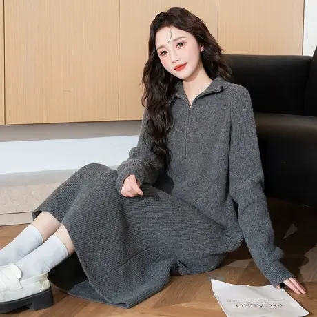 唐狮连衣裙女秋季高级感气质女翻领拉链宽松简约长袖连衣裙子tuTA图片