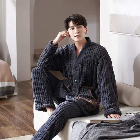 睡衣男2023新款秋冬季珊瑚绒加绒加厚秋冬款套装家居服男士法兰绒商品大图