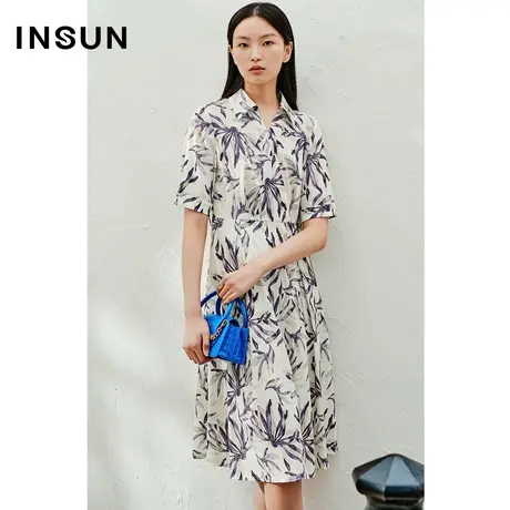 INSUN恩裳线上专选夏季莱赛尔棉花卉印花衬衫领连衣裙图片