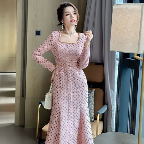 粉色亮片小香风连衣裙2024新款绝美漂亮高级感名媛气质鱼尾A字裙图片