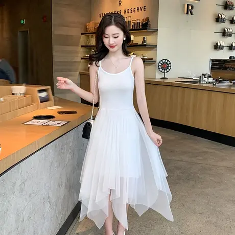 白色吊带连衣裙女夏季2023新款不规则背心网纱裙春秋黑色打底长裙图片