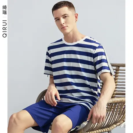 绮瑞纯棉睡衣男夏季短袖短裤薄款条纹宽松大码夏天全棉家居服套装图片