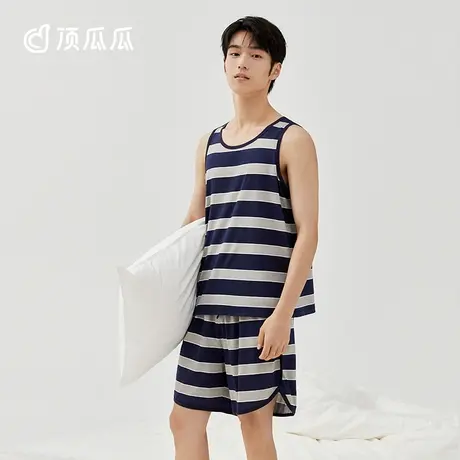 顶瓜瓜睡衣男春夏款纯棉背心条纹无袖可外穿家居服套装男士图片