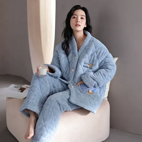 婷美2023年新款睡衣女冬季珊瑚绒三层夹棉加厚外穿家居服棉袄套装图片