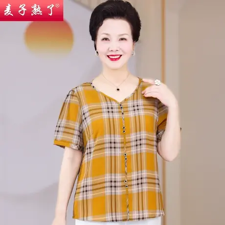 妈妈夏装新款休闲格子小衫上衣服中老年人女装洋气短袖T恤春夏图片