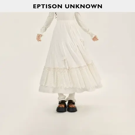 EPTISON毛绒半身裙女2025冬新款蕾丝拼接甜美高腰A字蛋糕裙中长裙图片