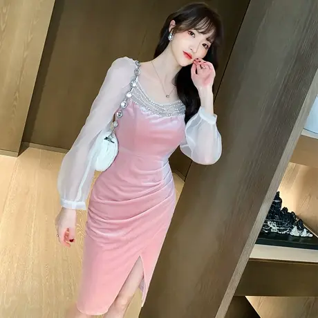 御姐风设计感小众轻熟风收腰连衣裙修身气质褶皱显瘦圣诞女装裙子图片