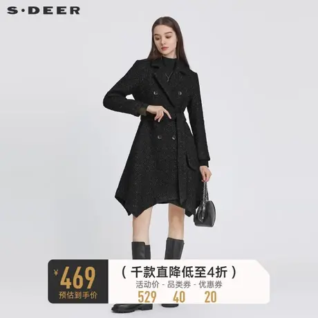 sdeer圣迪奥女装西装领收腰肌理毛呢小香风长款大衣外套S22482511图片
