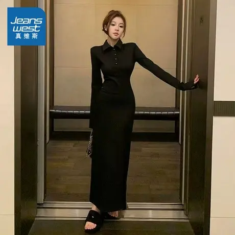 V7真维斯女装2025春季新款黑色法式御姐风连衣裙显瘦收腰气质长裙图片