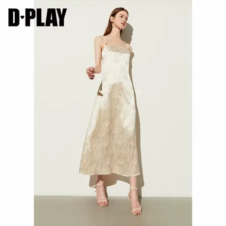 DPLAY夏国风缎面暗纹提花收腰吊带连衣裙绑带吊带长裙连衣裙图片