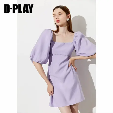 DPLAY德帕拉夏季紫色复古泡泡袖方领时尚气质收腰显瘦连衣裙图片