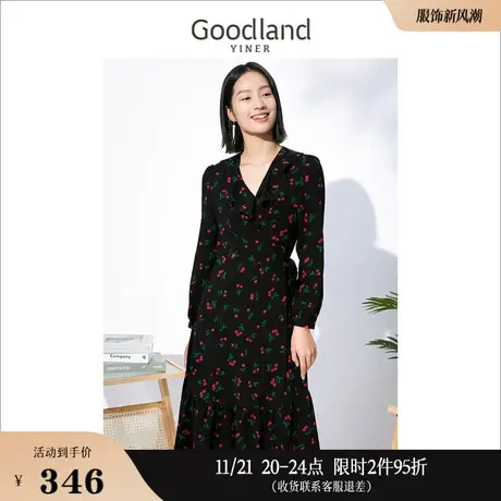 *Goodland美地女装秋季v领殷桃印花赫本风泡泡袖连衣裙图片