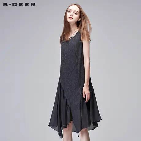 sdeer圣迪奥2019夏装做旧感印花垂坠雪纺拼接无袖连衣裙S17281265图片