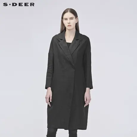 sdeer圣迪奥春秋女装翻领H型直筒黑色亚麻中长款风衣S19181806图片