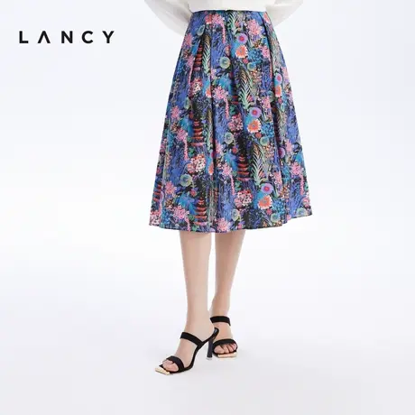 【纯棉】LANCY/朗姿2023夏季新款高级印花压褶半身裙子女A字形裙图片