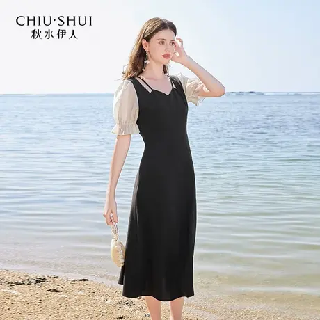 【悟空粉丝专享】秋水伊人赫本显瘦小黑裙夏女复古方领收腰连衣裙图片