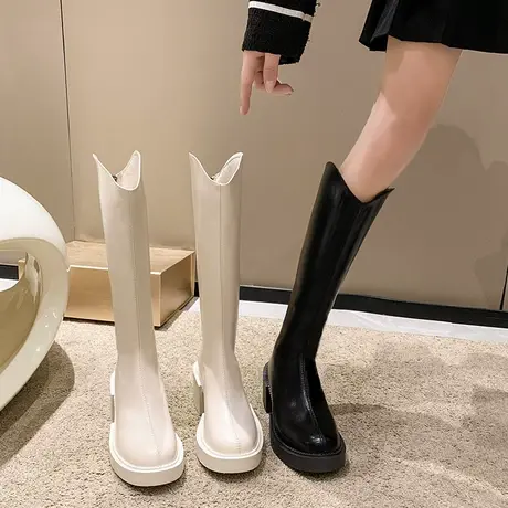 v口不过膝长筒靴女2022年新款夏季小个子厚底高筒骑士靴显瘦长靴商品大图