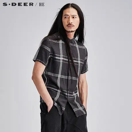 sdeerhe圣迪奥男装夏装时尚休闲格纹纯亚麻短袖衬衫H15270456商品大图