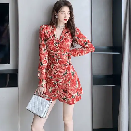 小雏菊长袖性感短裙女桔梗法式小众设计感收腰显瘦碎花连衣裙洋气图片