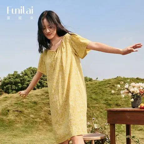 富妮来舒适薄款女睡裙短袖宽松睡衣长款黄色春夏季薄款棉质家居服图片